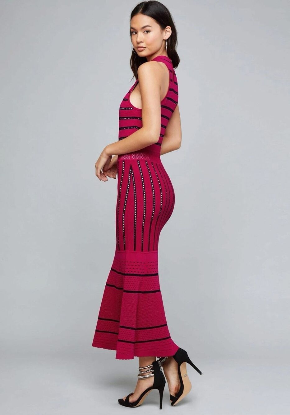 BEBE Pink Black High Neck Bandage Cocktail Party Knit Bodycon Dress Size XS